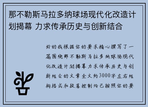 那不勒斯马拉多纳球场现代化改造计划揭幕 力求传承历史与创新结合